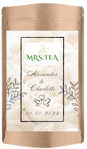Personalosierter loser Tee | Geschenk Hochzeit Verlobung | Gastgeschenk | Mitgebsel | Mrs. Tea Earl Grey Deluxe 80g 25 Stück (weiße Rosen)