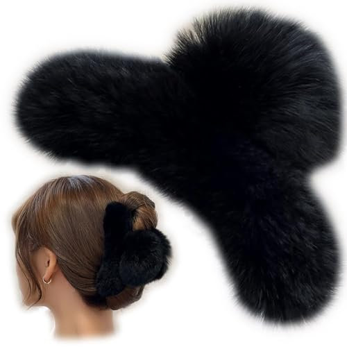 Pince à cheveux en fausse fourrure pour femme, grandes pinces à cheveux duveteuses en peluche d'hiver, accessoires pour cheveux, antidérapantes et solides pour cheveux longs et épais (noir)