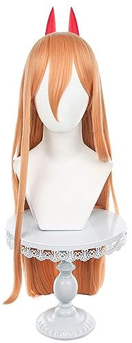 Anime Cosplay Wig Power with Horns Long Orange Halloween Costume Cosplay Wig,For Christmas Carnival Party