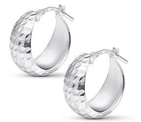 Amberta Damen 925 Sterling Silber Dicke Ohrringe: Silber Gehämmerte Ohrringe 15 mm