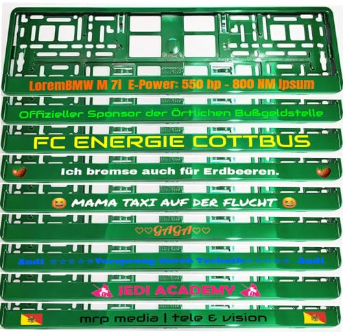 2 Stück Kennzeichenhalter Chrom GRÜN mit Wunschtext Beschriftung Werbung Spruch Bedruckt