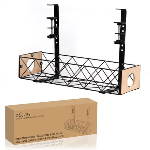 Baskiss Under Desk Cable Management Basket, 40cm Solid Wood and Metal Mesh Cable Storage Holder with Clamp Mount No Need to Drill Holes, Wire and Cord Organizer for Home Office Standing Desk (Black)