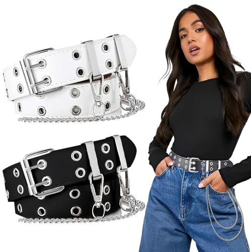 CINGHIA Doppelloch Nietengürtel,Y2K Gürtel,2 Stück Studded Belt,Punkrock-Gürtel Unisex mit Abnehmbarer Kette,105 x 3,3 cm Einstellbar Ledergürtel für Jeans,Lederhosen,Schwarz Weiß