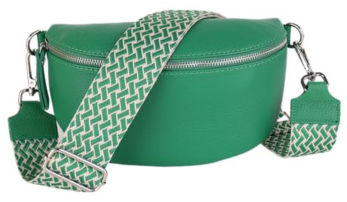 MIRROSI® Bauchtasche Damen, Echtleder, Made in Italy, Umhängetasche, Brusttasche, Crossbody Bag (1 Tasche & 2 Gurte) (Grün (Flecht), Große Tasche (28x18x9cm))