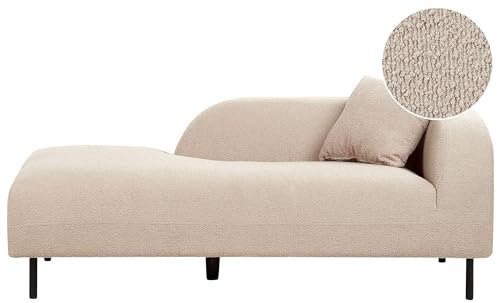 Chaiselongue Bouclé beige taupe rechts mit Kissen Retro Metallgestell Le Crau