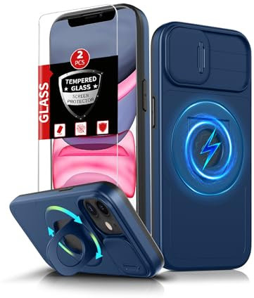 FRLMOOES for iPhone 11 Case/for iPhone XR Case Magnetic Compatible with MagSafe Wireless Charging,with 2 Screen Protectors,with Kickstand Ring+Camera Cover Shock-Absorbent Heavy Duty Protection Blue