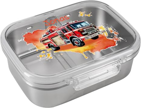 Striefchen® Edelstahl Brotdose für Kinder 1l mit Namens-Aufdruck (Feuerwehr)