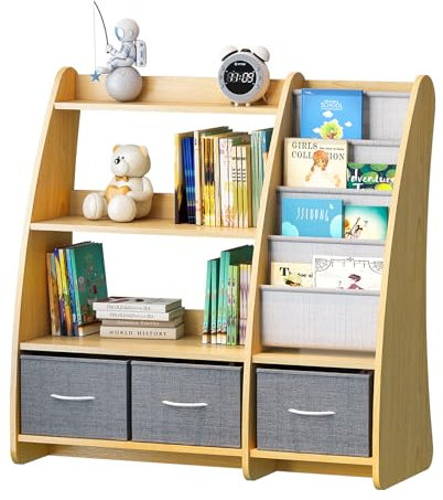 KEEPREAPER Bücherregal Kinder Kinderregal 91x38x92cm, Montessori Regal mit 4 Ablage, 2 offnen Fächern und 3 Aufbewahrungsboxen, aus Holz, für Kinderzimmer(Natur-B)