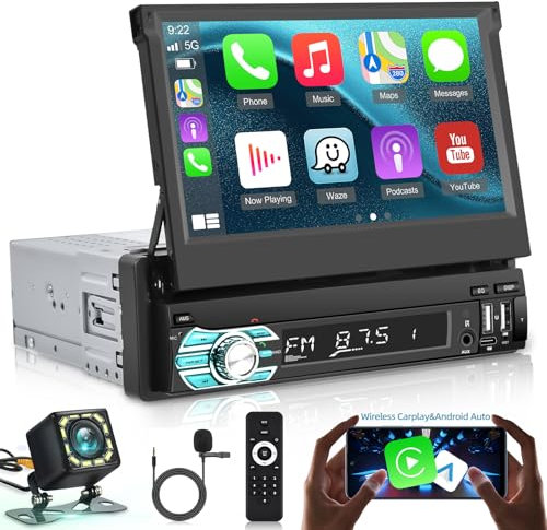 2 DIN Flip out Touchscreen Car Stereo con Wirelesss Carplay y Android Auto, Radio de Coche de 7 Pulgadas con Bluetooth/Mirror Link/FM/USB/SWC + 12 LED Backup Camera+Mic