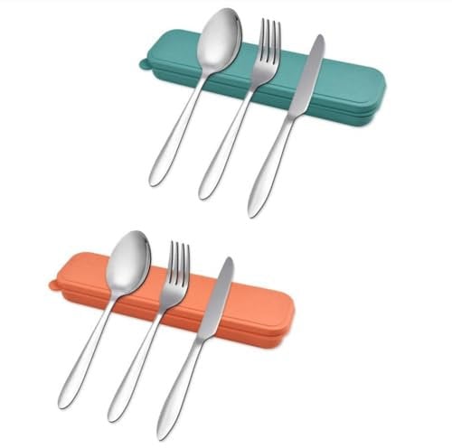 2 Pcs Travel Camping Cutlery Set with Case, Stainless Steel Utensil Prtable Flatware, Reusable Silverware Fork Spoon Knife Set for Picnic Lunch Box School Office Outdoor (Green+Orange)