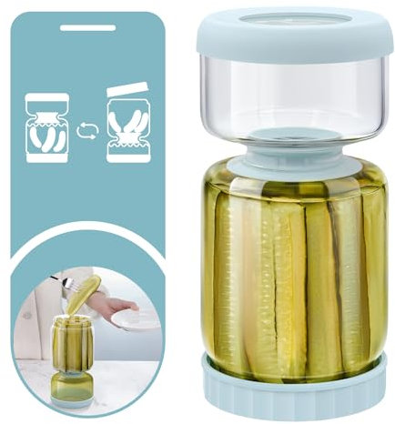 WhiteRhino Tarro para encurtidos, recipiente largo para pepinillos de 1,35L, tarro separador de jugo de pepinillos en forma de reloj de arena para aceitunas, pepinos largos o en rodajas