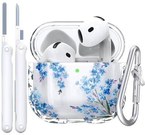 VISOOM Clear Case Kompatibel mit Airpods 4th Generation 2024, Unterstützung drahtloses Aufladen, Stoßfest, Weiches TPU Transparent Reduced Yellowing für AirPods 4 Cases mit Reinigungssatz(Blaue Blume)