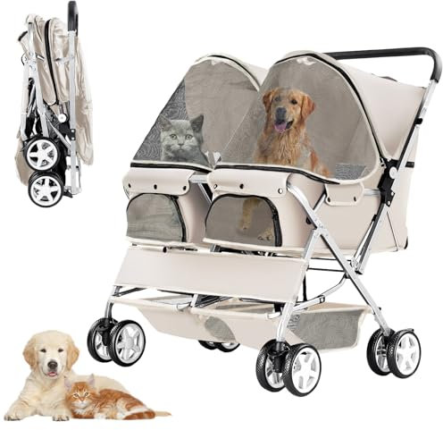 Joyfultails Hundewagen, Doppel-Haustier-Kinderwagen, faltbarer Kinderwagen für 2 Hunde und Katzen, Zweisitzer-Tragetasche, Twin Dog Walk Jogger, Reise-Haustierwagen mit Stauraum, Grau