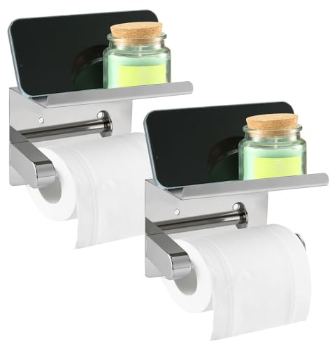 VZZNN 2 Stück Toilettenpapierhalter mit Ablage 2 Montagemethoden Klorollenhalter Ohne Bohren Klopapierhalter Wandhalterung wc Papier Halterung Edelstahl, Silber für Küche und Badzimmer Accessoires