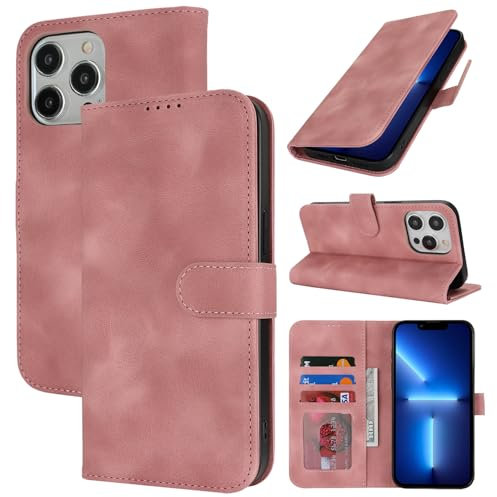 Zouzt Hülle für iPhone 13 Pro Max / 12 Pro Max 6,7-Zoll, Stoßfestes PU Leder Handyhülle Lederhülle Klapphülle mit Kartenhalter und Standfunktion Flip Leather Wallet Phone Cover (Vintage Rose Pink)