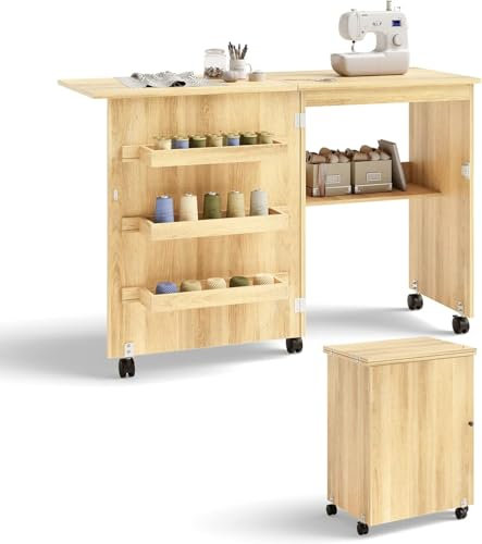 FANTASK 2 in 1 Nähschrank klappbar, Nähtisch aus Holz mit 3 Einlegeböden für Spulen, Nähmaschinenschrank für Wohnzimmer, Schlafzimmer & Büro, Beige