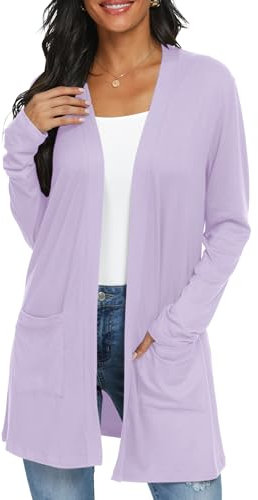 QIXING Casual Leichte Strickjacke Damen Lang Elegant Dünne Strickjacke Lange Ärmel mit Taschen Open Front Cardigan Damen Herbst (Violett, XXL)
