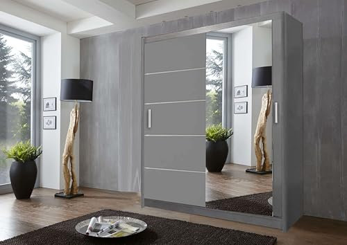 Eshaz Modish Lyon 2 and 3 Sliding Mirror Door Wardrobe Available In 5 Sizes and 4 Colors Comes With Free LED Light (Grey, 180 CM)