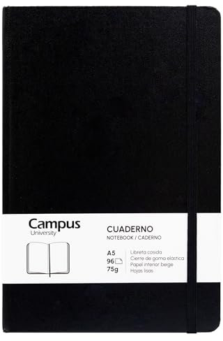 Makro Paper Campus Notizbuch A5, Bullet Journal mit glatten Blättern, genähtes Notizbuch mit festem Einband, 96 Blatt à 75 g, elastischer Verschluss, Tasche und Lesezeichen (A5, glatt, schwarz)