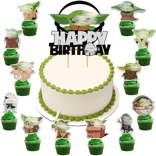 13 Stück Yod Tortendeko, Glitter Cupcake Toppers, Kinder Geburtstag Kuchen Dekoration, Happy Birthday Tortendeko, Cake Topper für Geburtstag Partydekorationen
