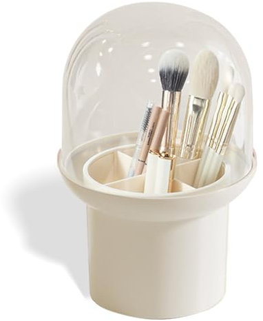 kumet Makeup Brush Holder 4-Slot Organizer Desktop Bathroom Vanity Storage Box for Cosmetics, Nail Polish, and Small Items (White)