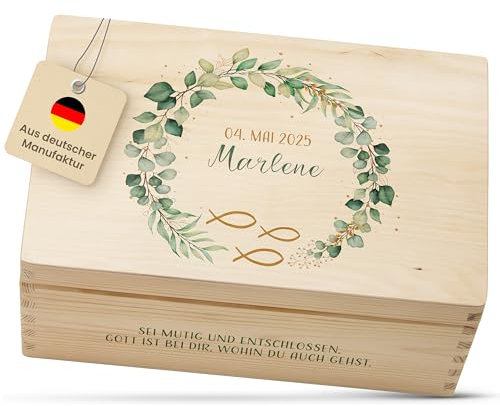 Amari® Personalisierte Holzkiste (Eukalyptus Fisch) | Erinnerungsbox aus Holz zur Taufe, Kommunion, Konfirmation, Firmung, Ostern | Geschenk für Mädchen & Jungen