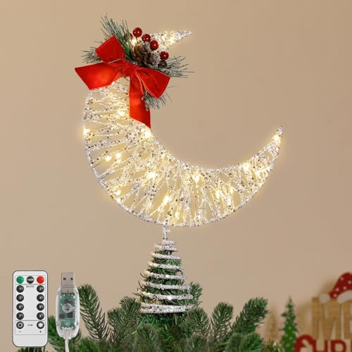 Lewondr Topper per Albero di Natale, 8,27 Puntale per Albero a Luna Xmas in Metallo con Foglie di Pino e Fiocco, 30 Bulbi LED, Timer 6 Ore, 8 Modalità di Luce, USB e Telecomando Cappello, Bianco