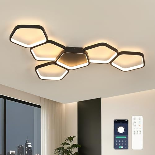 Kuwork LED Deckenleuchte Wohnzimmer Deckenlampe Dimmbar 90 cm 58W | Schwarze Wohnzimmerlampe mit Fernbedienung und Memory-Funktion, für Schlafzimmer und Küche