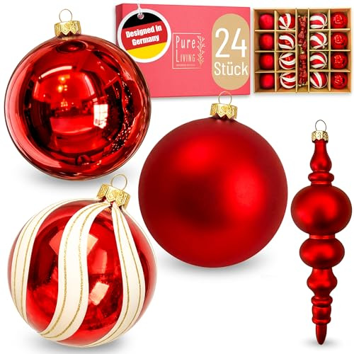 Weihnachtskugeln im wunderschönen Handwerk-Design - 24-TLG. Set mit exklusiven Christbaumkugeln – Weihnachtsbaumkugeln - Einzigartig-festlicher Baumschmuck rot/weiß