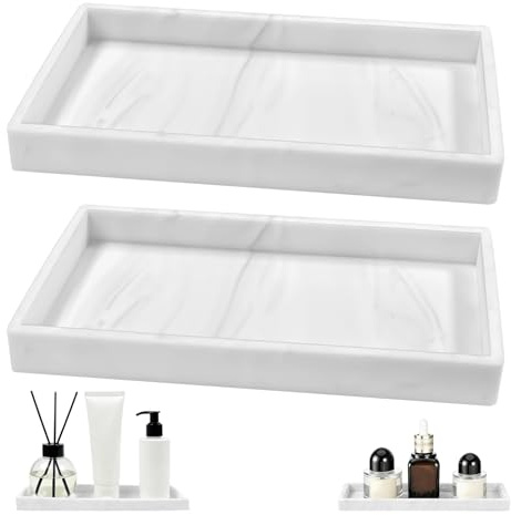 2 Pcs Bathroom Tray,White Marbling Silicone Vanity Tray,20x10x2 cm | Rectangular Platter,Suitable for Bathrooms,Kitchens,Dressing Tables and Home Decor