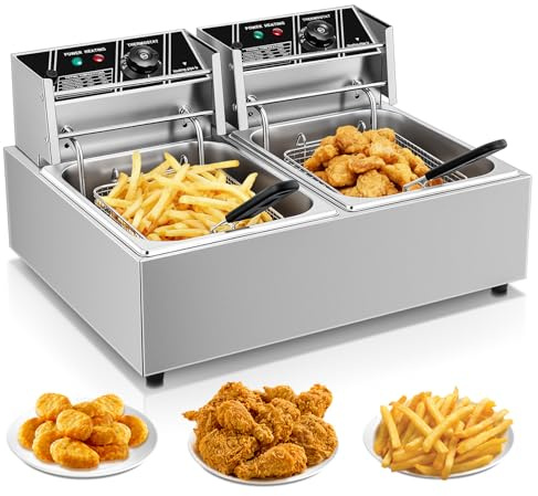 FOHERE Commercial Deep Fryer 21.6L, Heavy-Duty Dual Tank Electric Fat Fryer with Overheat Protection, Professional Stainless Steel Countertop Fryer for Catering, Parties & Kitchens, 2x4L Baskets, 230V