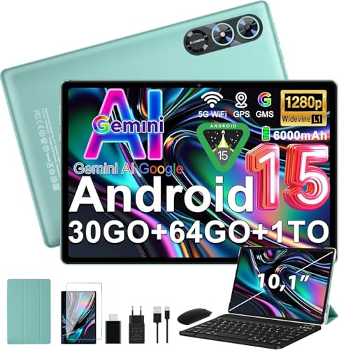 Android 15 Tablette 10 Pouces avec Gemini AI, Octa-Core Tablettes PC, 30 GO RAM+ 64 GO ROM (1TO TF), 3.5mm Audio/ WiFi 6 & BT 5.0 / 6000mAh /GPS/Widevine L1,Tablettes avec Clavier+Souris et Cas-vert