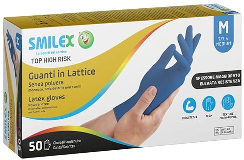 Bericah SMILEX Guanti in Lattice Monouso, Blu, Senza Polvere, Spessore Maggiorato, Superficie Micro-ruvida, 30 cm, Taglia M, 50 Pezzi