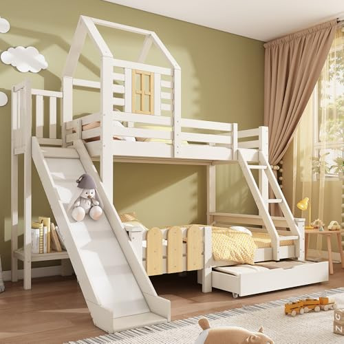 Treehouse Bunk Bed with Slide & Storage, White Wooden House Shaped Single Bed Frame with Ladder, Safety Guardrails, and Under-Bed Drawer, Playhouse Style Bedroom Furniture, (90+135) x 190 cm