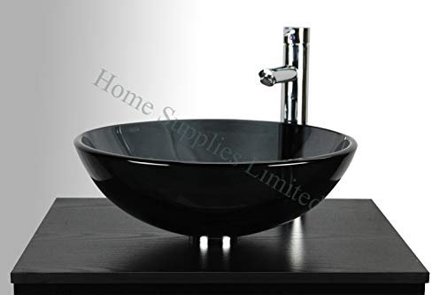 Home Supplies BATHROOM CLOAKROOM COUNTERTOP SEMI-TRANSPARENT BLACK GLASS BOWL BASIN SINK + TAP + POP UP WASTE + CHROME BOTTLE TRAP