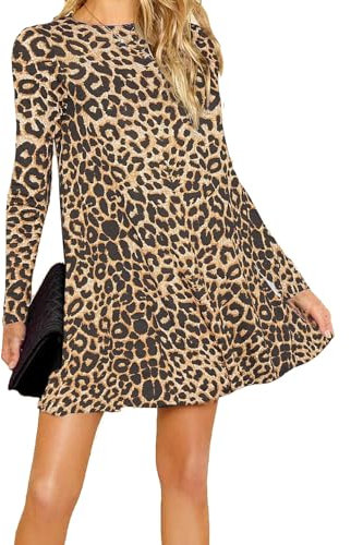 Womens Ladies Party Dresses for Women UK Long Sleeve Midi Plain Flared A line Skater Swing Dress Jersey Tee Plus Size Dress Summer Winter Leopard Print 12-14