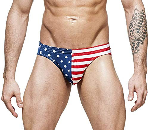Mens USA Flag Stars and Stripes Bikini Swimsuit By Gary Majdell Sport Navy/Red Stripes Large