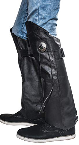 The Nekid Cow | Leather Motorcycle Half Chaps Short Gaiter Stay Up Leg Warmers with Zipper and Fast Close with Concho & Fringes for Horse Riders, Bikers, Motorcycle Men and Woman M-L