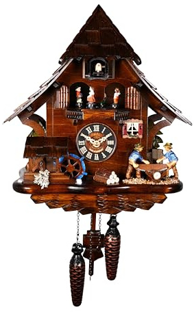 Engstler Quarz Kuckucksuhr Schwarzwaldhaus mit beweglichem Sägerpaar und Mühlrad, mit Musik EN 4927 QMT