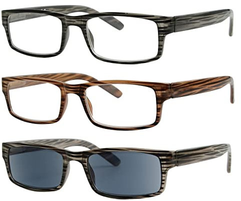 Eyekepper Spring Hinge Striped Reading Glasses (3 Pairs) Men Includes Sunshine Readers +0.75