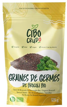 Graine de Brocoli Bio a Germer - 125g. Pour la Germination du Brocoli Biologique à la Maison. Source de Vitamines A B C et E. Contient des Antioxydants Potassium Calcium et Fer.