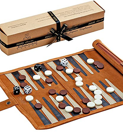 Jaques of London Roll Up Travel Backgammon Set | Luxury Leather Traditional Board Game | Travel Set with Backgammon Pieces | Since 1795