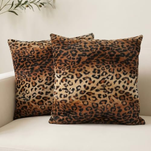 CARRIE HOME Soft Plush Leopard Print Faux Fur Decorative Throw Pillow Covers for Home Couch Sofa (Set of 2, 18x18 inch)
