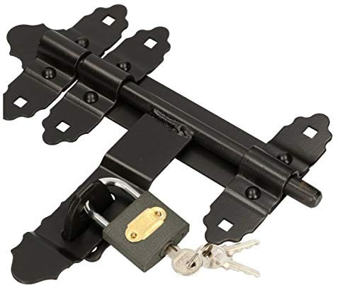 KOTARBAU® Pestillo deslizante con candado, 200 mm, Cierre con candado, Cerrojo de acero retro, ornamental, Cerrojo de seguridad para puertas y verjas, Protección contra robo, Herraje para puerta negro