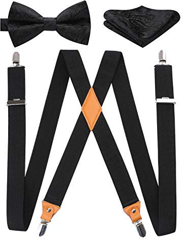 HISDERN Hosenträger für Herren X Form mit sehr Starken 4 Metall Clip Elastisch und Längenverstellbar Hosenträger und Fliege mit Einsteckuch Set