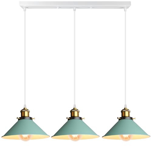 iDEGU 3 Lampes Suspension Luminaire Industrielle Lustre Plafonniers Design Edison Métal Lustre Suspension Vintage avec Support en Barre, Ø 220mm, Vert