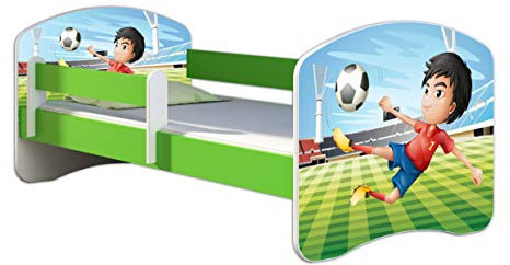 ACMA Kinderbett Jugendbett mit Einer Schublade und Matratze Grün mit Rausfallschutz Lattenrost II 140x70 160x80 180x80 (13 Fußballer, 140x70)