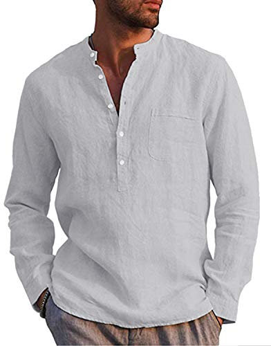 AUDATE Mens Cotton Linen Shirt Long Sleeve Henley Shirt Regular Fit Casual Beach Shirts Tops Gray L