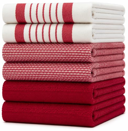 Bumble Küchenhandtücher - Geschirrhandtücher Handtücher Baumwolle – 6er Pack – XL Größe 50 x 70 cm – Edle, Weiche und Robuste Ringspinnbaumwolle in 3 Verschiedenen Texturen (Rot)