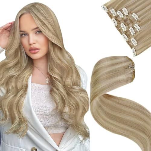 LaaVoo Clip in Extensions Echthaar Blond Haarverlängerung Echthaar Clip in Blondine Highlight Mittelblond Extensions Echthaar Clip Remy Haar 40cm 70g 5PCS #16/22